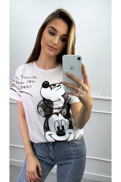 biele tričko mickey s perlami