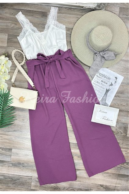 fialové široké letné nohavice