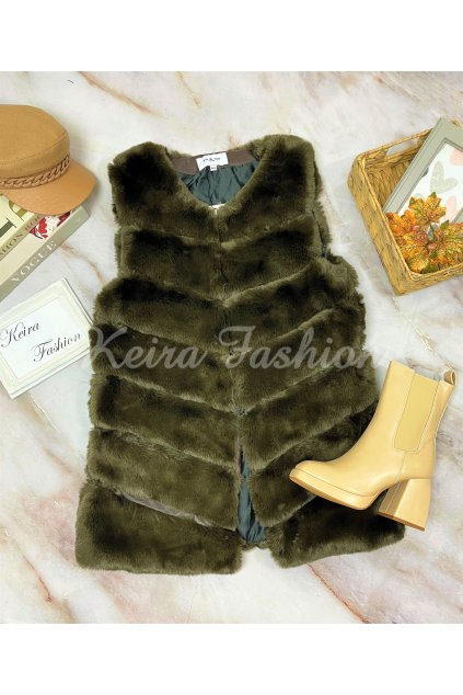 kožušinová vesta v khahi zelenej farbe
