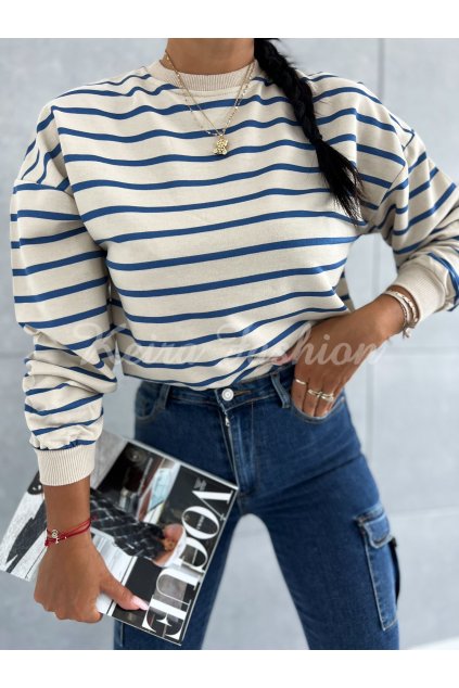 modro béžová pásikavá mikina