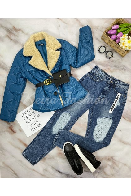 Dámska petrolejová bunda s barančekom, opaskom a taštičkou