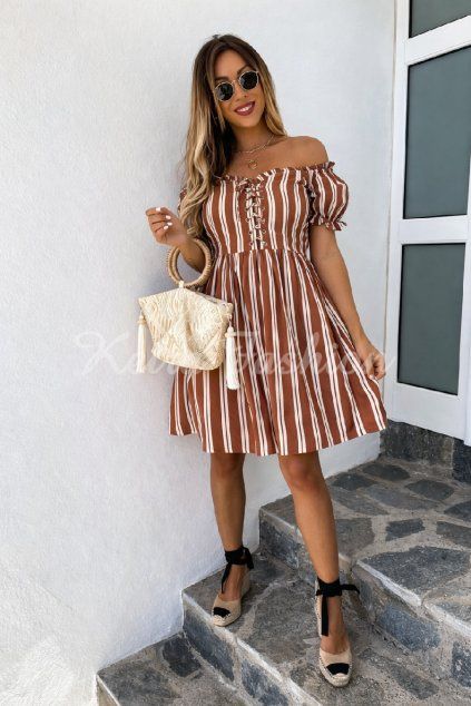 hnedo biele pásikavé šaty letné