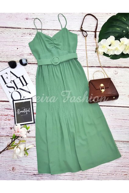 zelené midi šaty s plisovanou sukňou