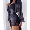 čierny saténový nočný set kaftan blúzka kraťasy