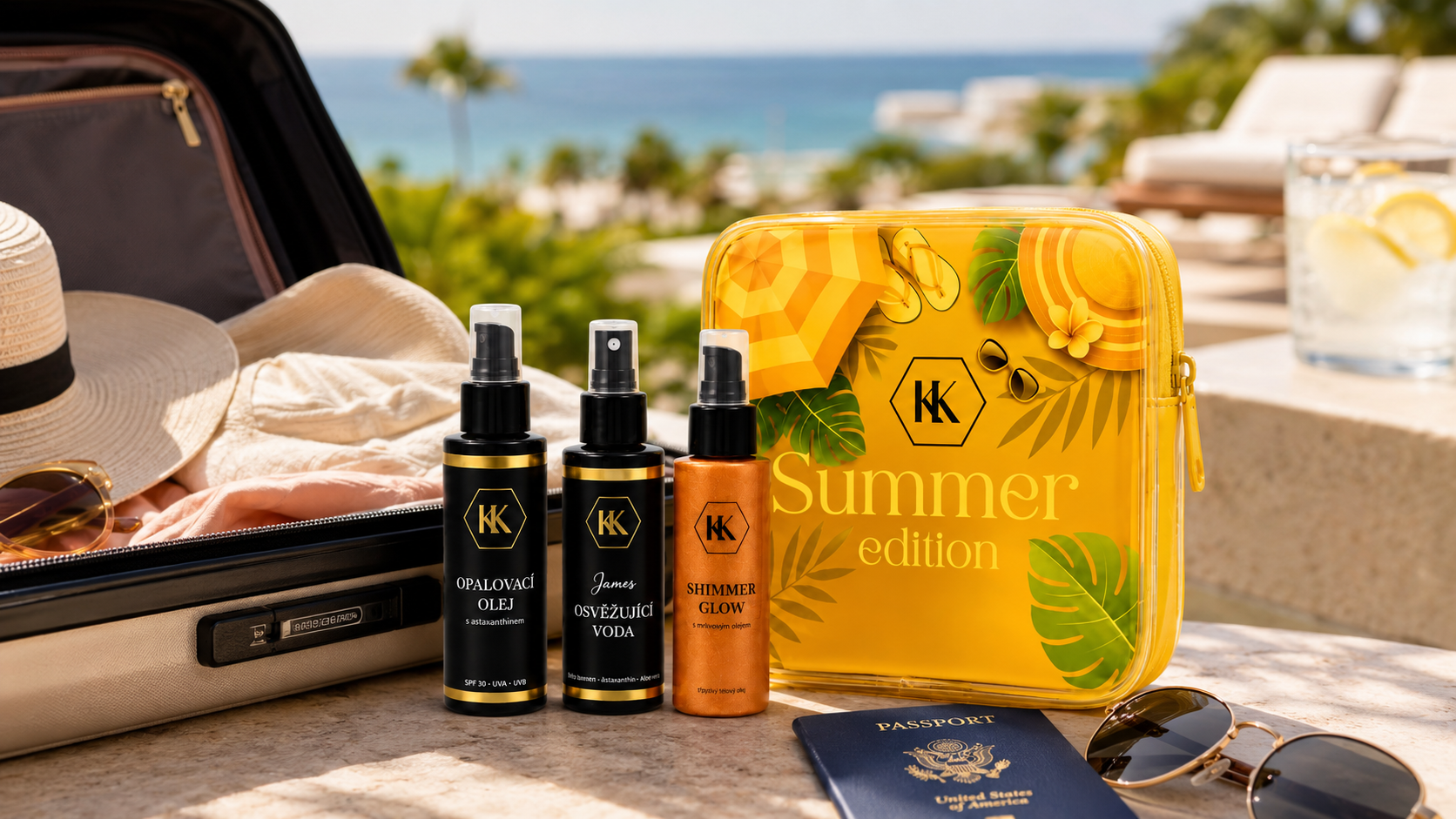 Opalovací cestovní set KK – olej, voda a Shimmer Glow pro letní péči