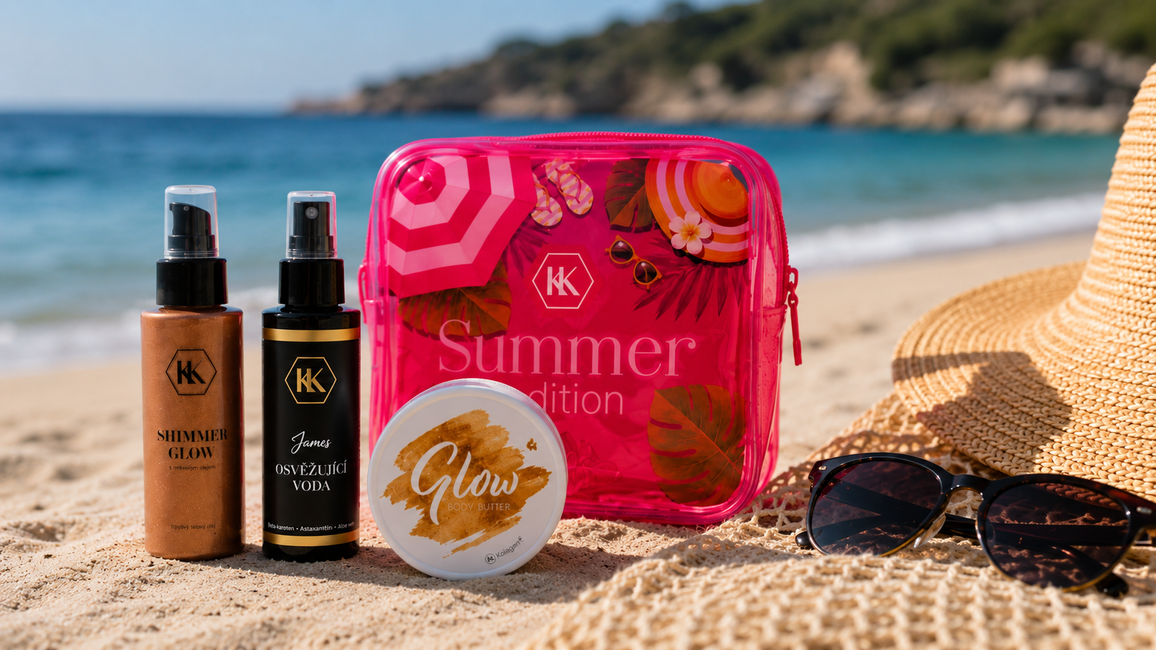 Opalovací cestovní set Summer Edition KK – Glow máslo, Shimmer Glow a voda James