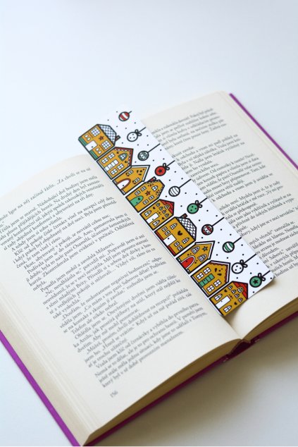 Ilustrovaná záložka do knihy Zimní vesnička – zasněžené domečky