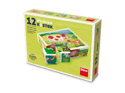 Dřevěné obrázkové kostky kubusy - NA FARMĚ - 12 ks