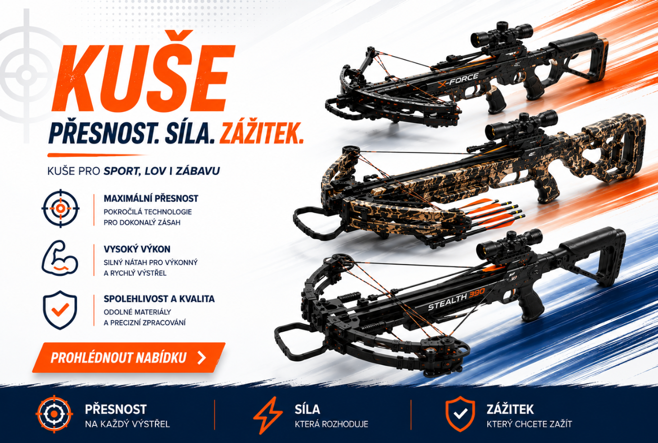 Banner zobrazující moderní kuše v černo-oranžovém designu s textem „Kuše – Přesnost. Síla. Zážitek.“ a výběrem sportovních a loveckých kuší na bílém pozadí.