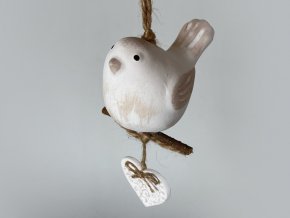 keramicky ptacek na vetvicce se srdickem s ornamenty jarni dekorace zavesna do prostoru varianta cappuccino