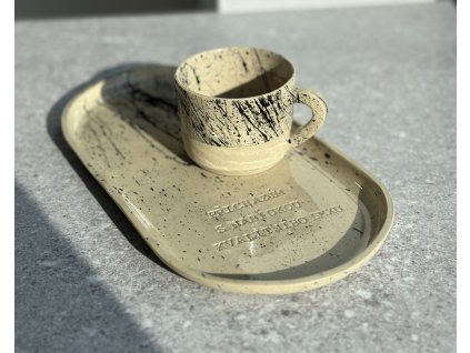 SET hrnek 120-140ml a talíř 27x14cm - Přicházím s nabídkou kvalitního sexu - černý