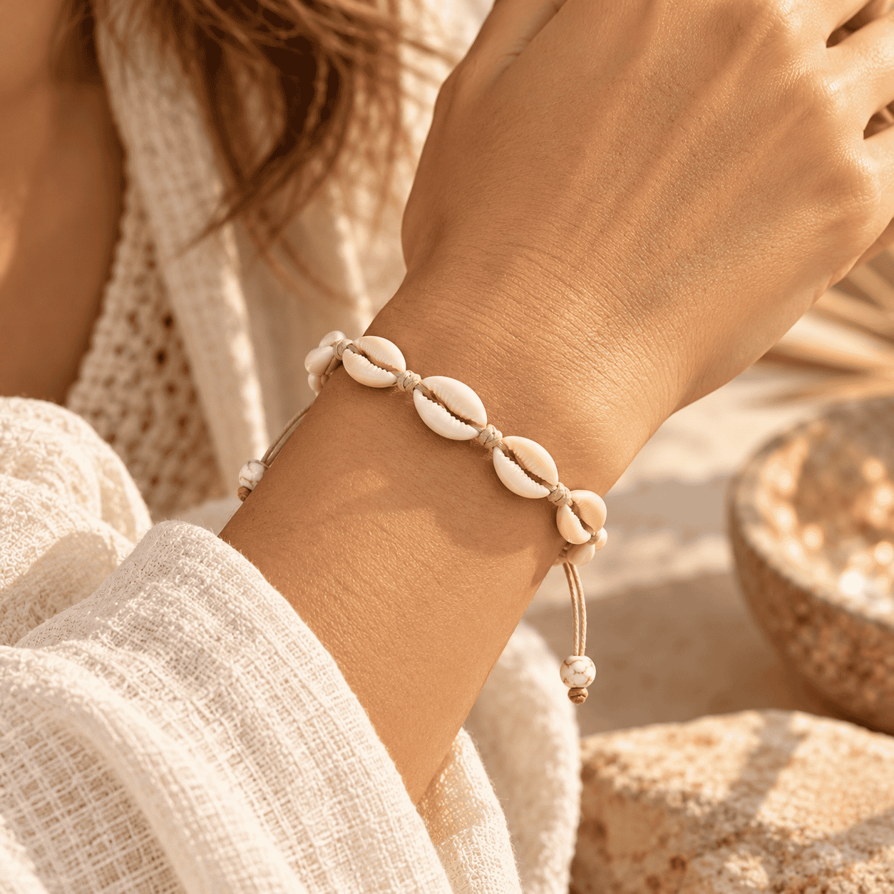 Summer Bracelet s prírodnými mušličkami na zápästí