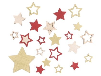 Hvězda dřevěná červená, zlatá a přírodní 2,5 cm 12 ks + 3,5 cm 12 ks