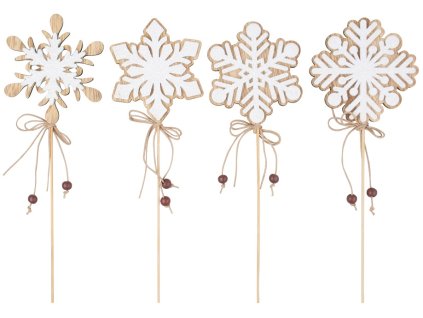 Vločka s bílým glitry dřevěná 7,5 cm + špejle