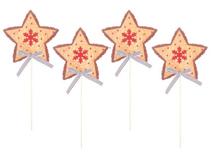 Hvězda dřevěná 8 cm + špejle, 4 ks