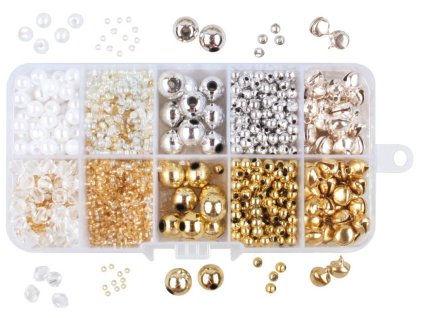 Variace korálků a rolniček 22026 - bílá, stříbrná, zlatá, 10 druhů, 65 g