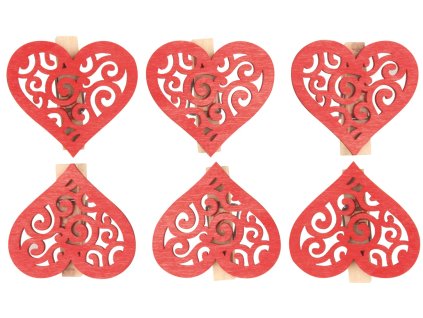 Srdce dřevěné červené na kolíčku 4 cm, 6 ks