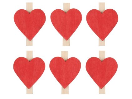 Srdce dřevěné červené na kolíčku 3 cm, 6 ks