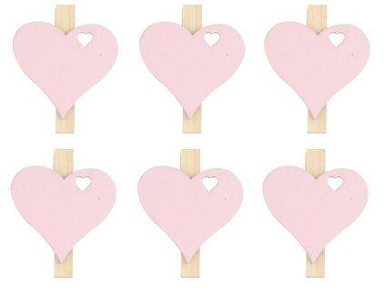 Srdce dřevěné růžové na kolíčku 3 cm, 6 ks