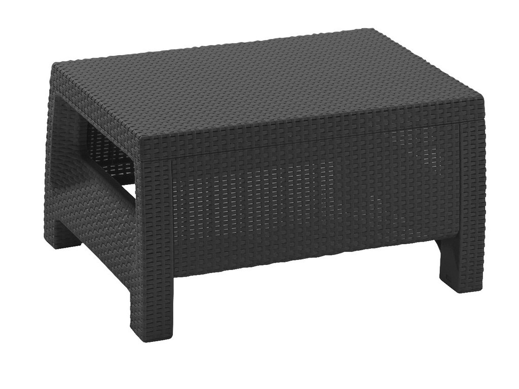 Zahradní stůl z plastu v antracitové barvě, textura imitující ratan, pohled na produkt zepředu na bílém pozadí.