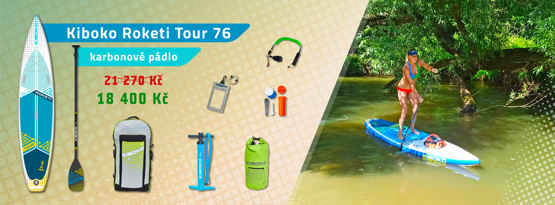 Akční set paddleboardu Kiboko Roketi Tour 76, sklolaminátového pádla, nepromokavého vaku, obalu na telefon a leashe - lanka na nohu