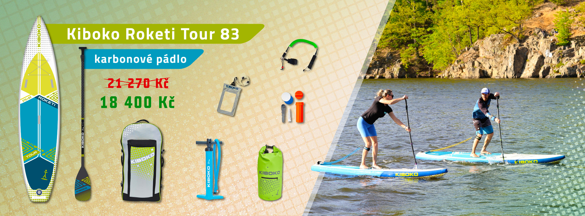 Akční set paddleboardu Kiboko Roketi Tour 83, sklolaminátového pádla, nepromokavého vaku, obalu na telefon a leashe - lanka na nohu