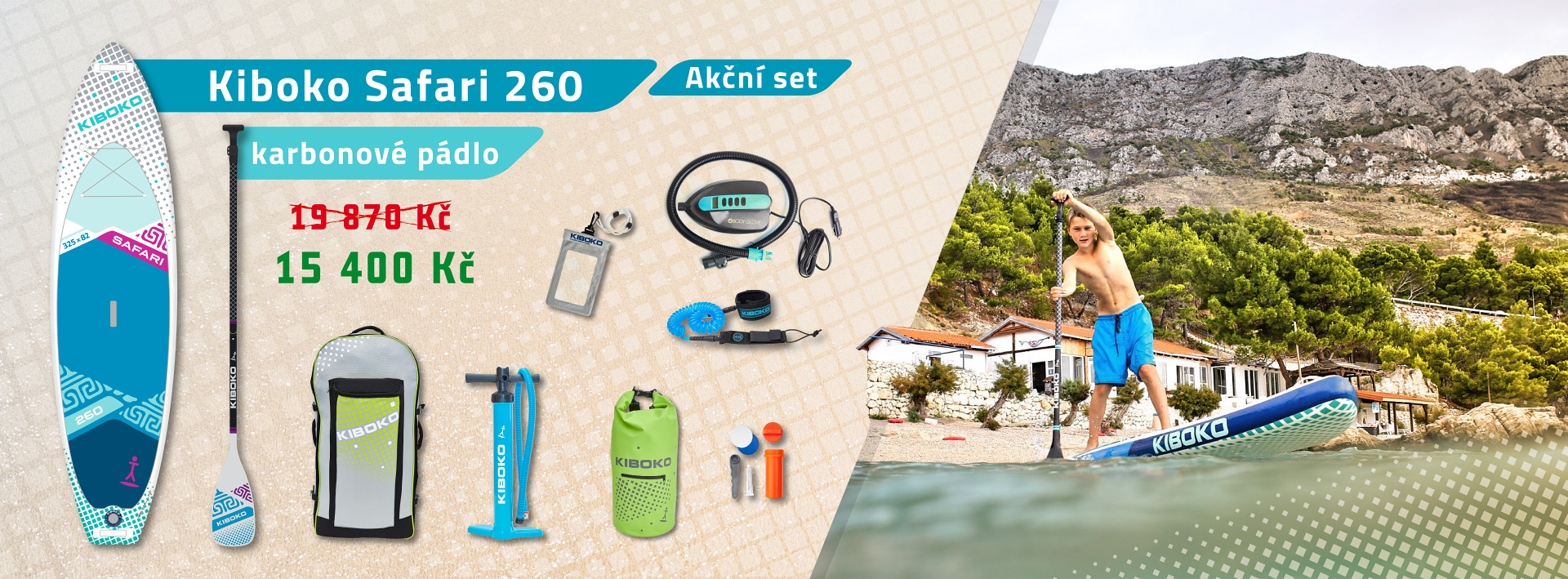 Akční zvýhodněný set paddleboardu Safari 260, pádla, vaku, elektrické pumpy