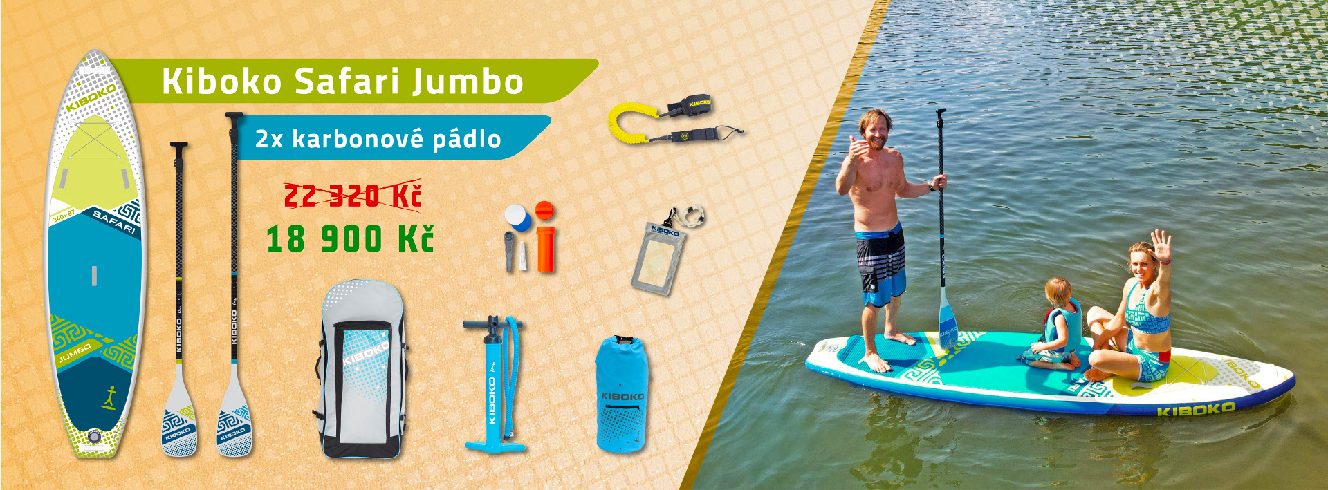 Akční set paddleboardu Kiboko Safari Jumbo, dvou karbonových pádel s plastovými listy, nepromokavého vaku, obalu na telefon a leashe - lanka na nohu