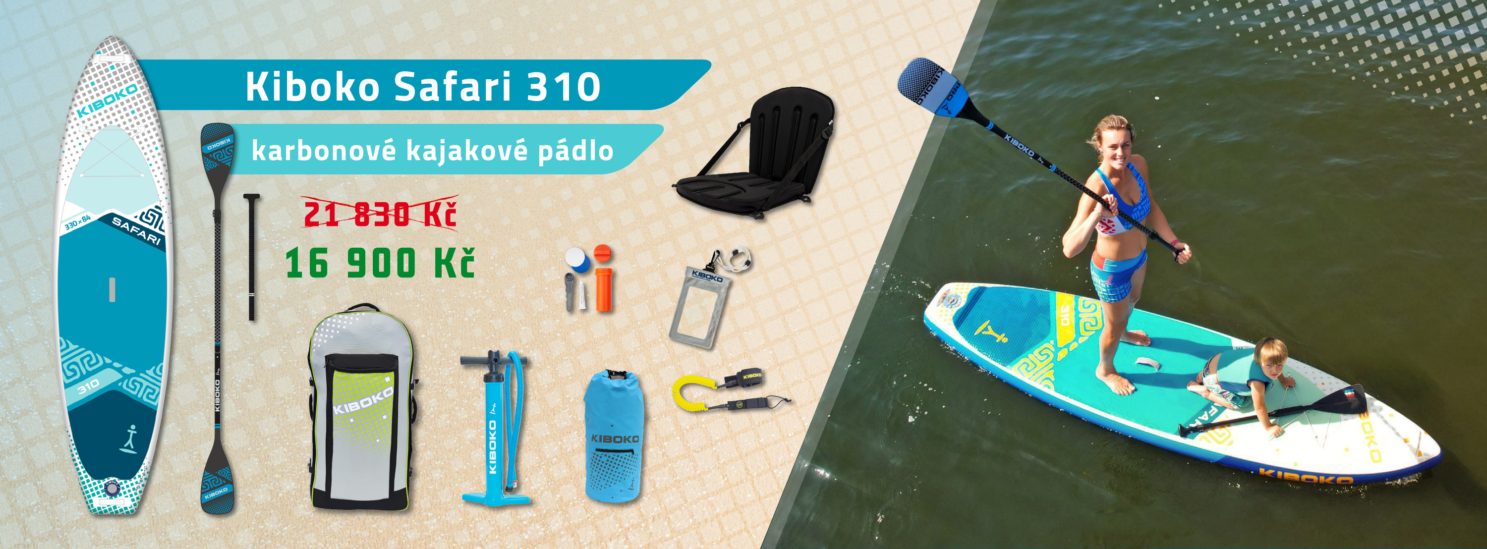Akční set paddleboardu Kiboko Safari 310, kajakového karbonového pádla se dvěma plastovými listy, sedačky, nepromokavého vaku, obalu na telefon a leashe - lanka na nohu