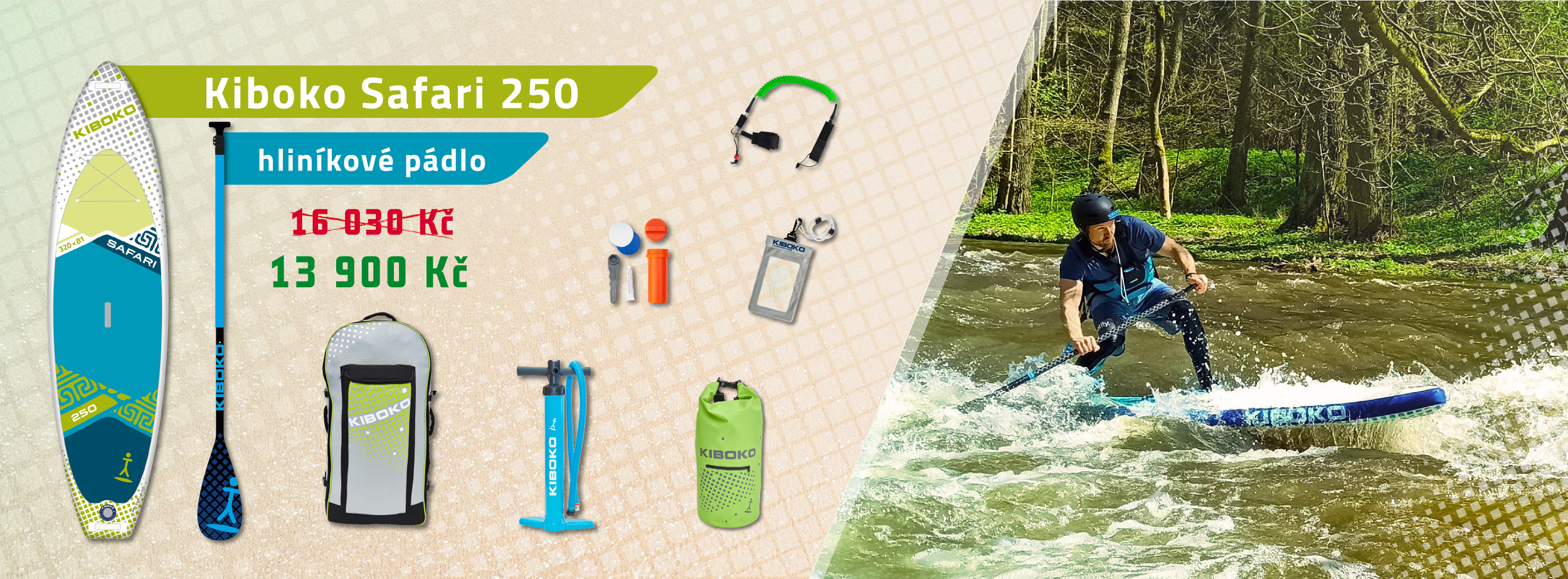 Akční set paddleboardu Kiboko Safari 250, hliníkového pádla, nepromokavého vaku, obalu na telefon a leashe - lanka na nohu