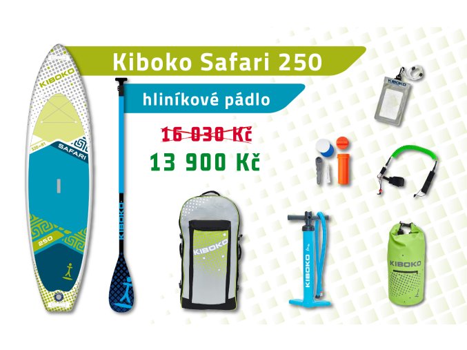 Kiboko Safari 250 - Akční set  Součástí setu je také batoh, pumpa, nepromokavý vak, rychloodepínací leash, pouzdro na telefon, hliníkové pádlo s plastovým listem