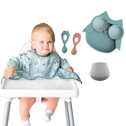 Kompletní set Tidy Tot Cover & Catch  - Bryndák s přísavkami a sada nádobí Sova