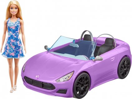 mattel barbie hby29 panenka barbie a jeji fialovy auto kabriolet