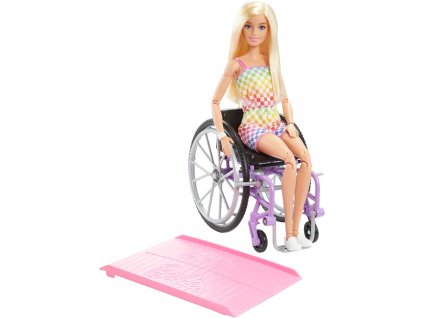mattel barbie modelka na invalidnim voziku v kostkovanem overalu hjt13