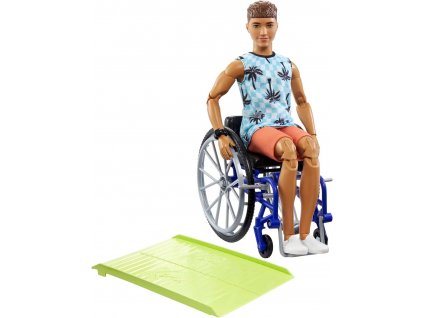 mattel barbie model ken na invalidnim voziku v modrem kostkovanem tilku hjt59