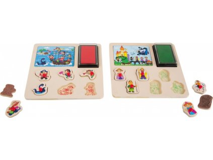 Legler 4344 Dřevěná dětská razítka a puzzle v jednom- Piráti a rytíři