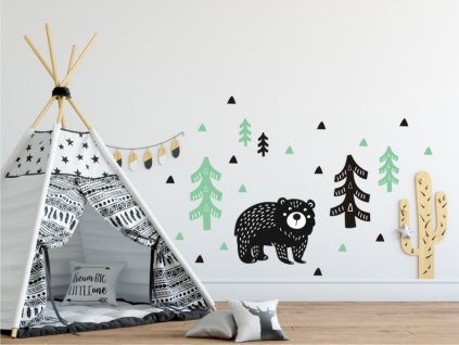 Dekorace 20509 na zeď Medvěd v lese mátovo-černý