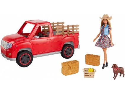 Mattel Barbie GFF52 auto, panenka Farmářka a její zvířátka