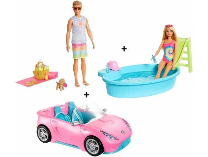 Mattel Barbie GjB71 elegantní kabriolet+ Barbie bazén se skluzavkou + panenka Barbie a Ken