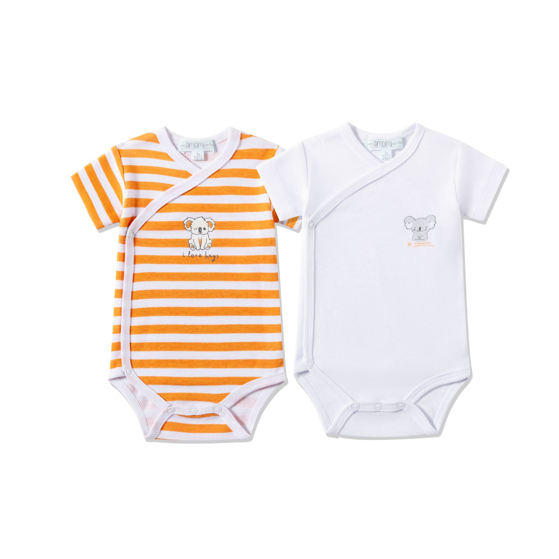 Bavlnené body pre bábätká (0-3M) – 2 ks, koala dizajn, krátky rukáv, patentky Veľkosť: 50 cm (0 mesiacov)