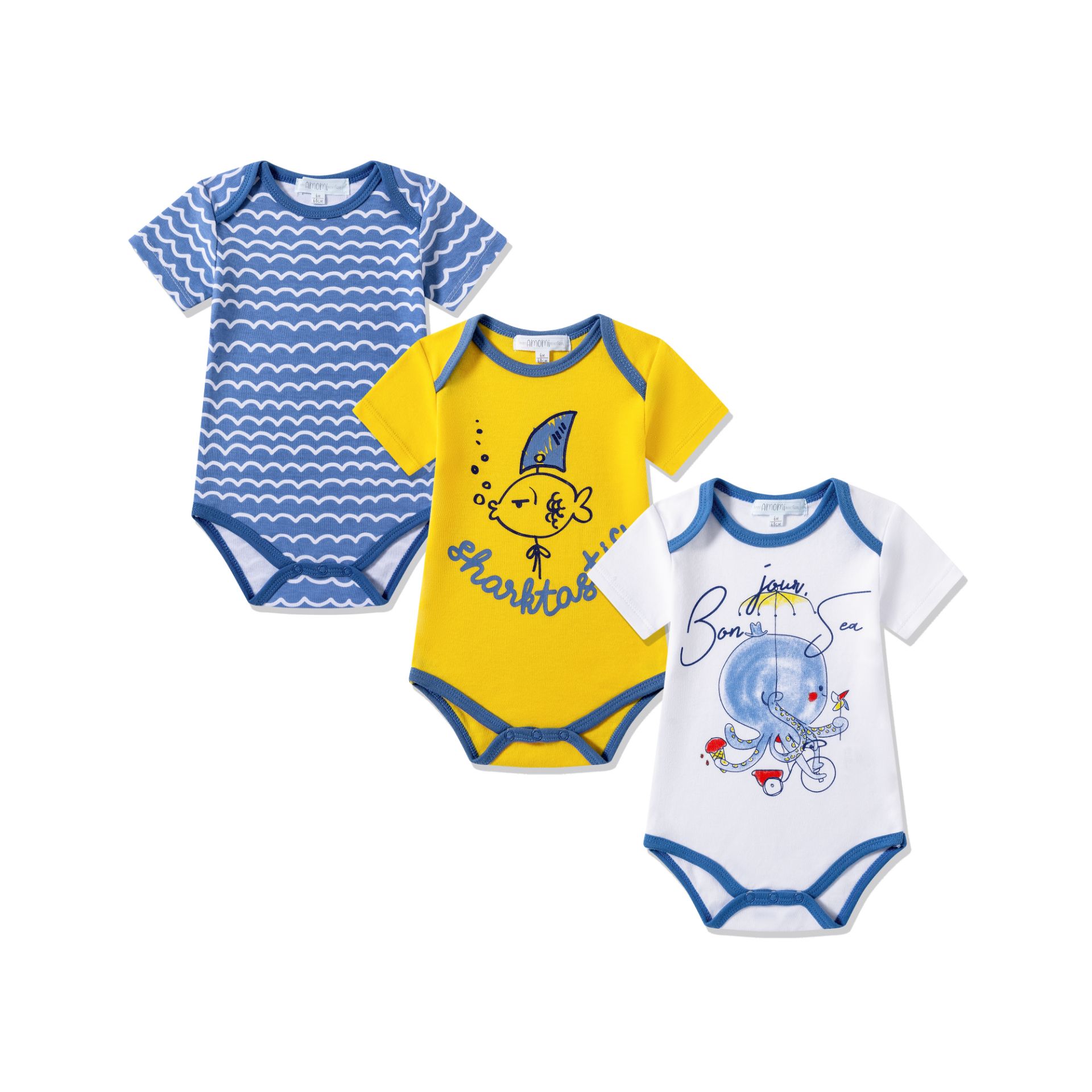 Bavlnené body pre bábätká (3-24M) – 3 ks, morský motív, krátky rukáv Veľkosť: 80 cm (12 mesiacov)