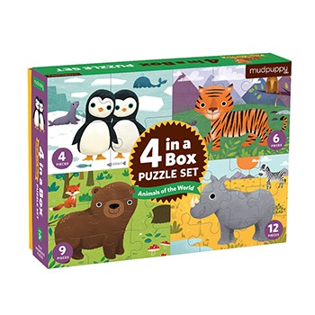 Levně Mudpuppy Puzzle 4 v 1- Zvířátka světa /Puzzle 4 in a box Animals of the World