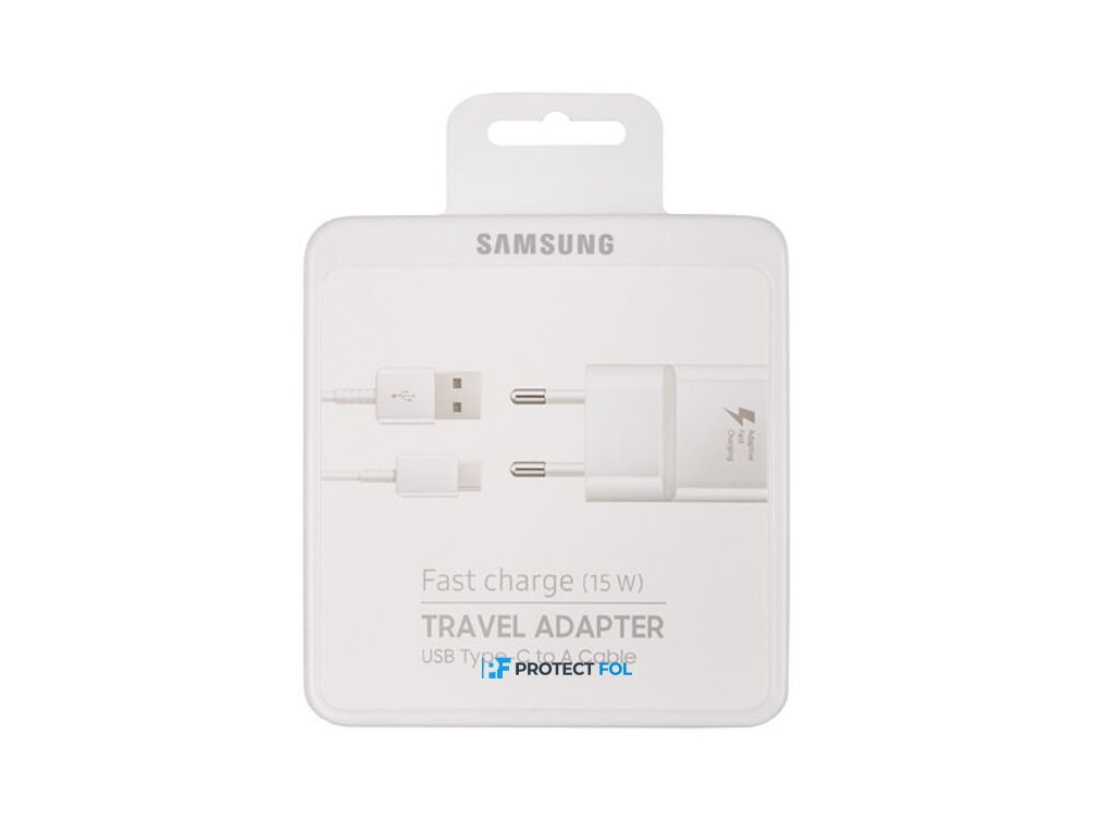 Samsung A5 (2017), S8, S9, S10, Note 9 eredeti, gyári hálózati töltő adapter 1,5m Type-C kábellel (720CWE) 2A, 15W (TA20EWEC) (BLISTER), fehér