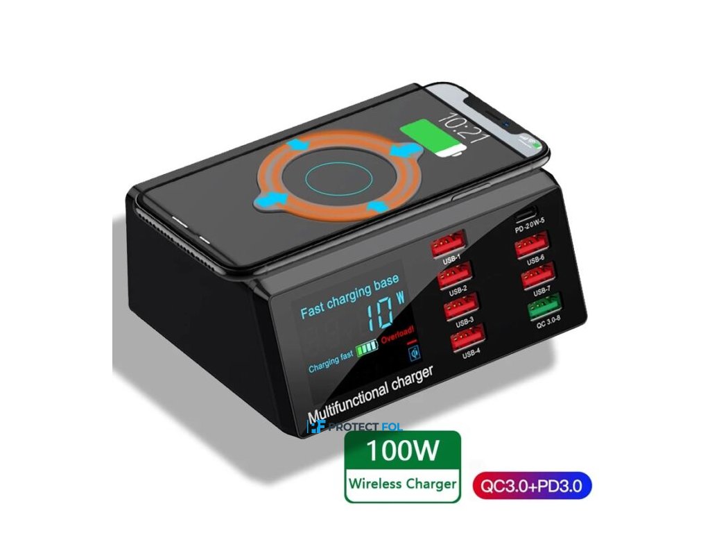Multifunkcionális wireless/7xUSB/Type-C | 100W PD QC 3.0 töltőállomás (X9)