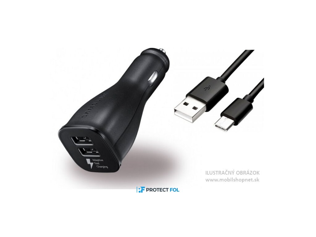 Samsung gyári, eredeti szivargyújtós töltő 2A, 2xUSB + gyári típusú type-c kábel (EP-LN920BB), fekete