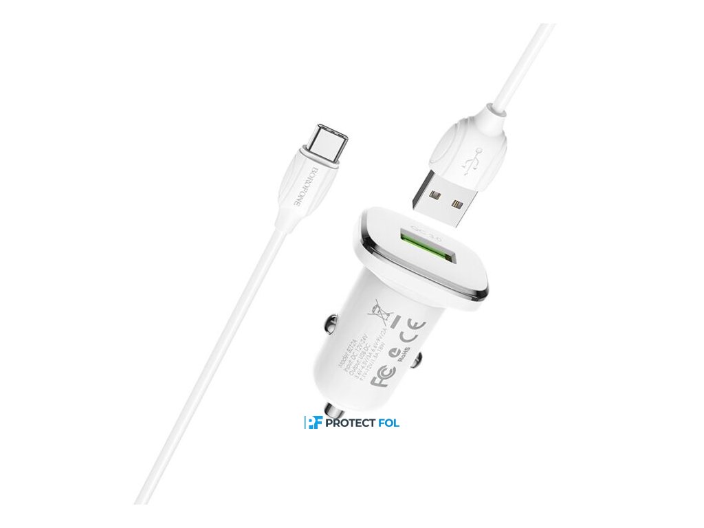 Borofone Lasting szivargyújtós gyors töltő adapter + type-c/USB kábel 1M | QC 3.0 | 18W | 3A (BZ12A), fehér