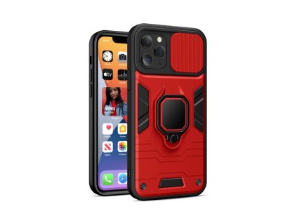 Apple iPhone X, XS, (5.8) Ring Lens kamera védős ütésálló tok (fém lap mágneses autós tartóhoz), piros