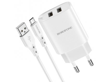 Borofone hálózati töltő adapter 1m Micro USB kábellel 2,1A | 2xUSB (BN2), fehér