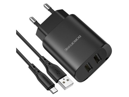Borofone hálózati töltő adapter 1m Micro USB kábellel 2,1A | 2xUSB (BN2), fekete