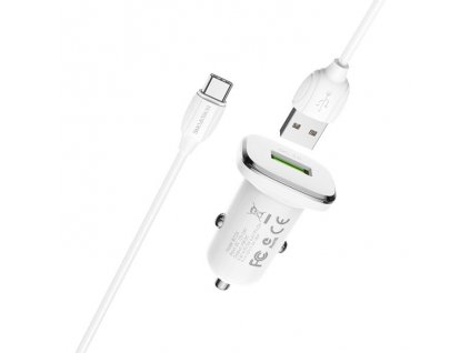 Borofone Lasting szivargyújtós gyors töltő adapter + type-c/USB kábel 1M | QC 3.0 | 18W | 3A (BZ12A), fehér